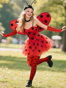 2pcs Ladybug Costume Accessories Set, Cute Ladybug Makeup Party Decoration Props, Red & Black Polka Dot Socks + Fingerless Gloves, Suitable For All Ages, Halloween - Multicolor - View 1