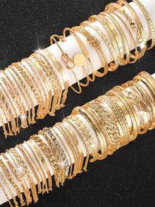 30/25/15/10pcs Geometric Rhinestone Bangle & Bracelet Set, Bling Bling Sparkling Heart, Star, Twist, Round, Snake Chain, Box Chain, Metal Design, Fashion, Elegant, Vintage, Suitable For Holiday, Party, Gift, Daily Wear - Yellow Gold - View 2