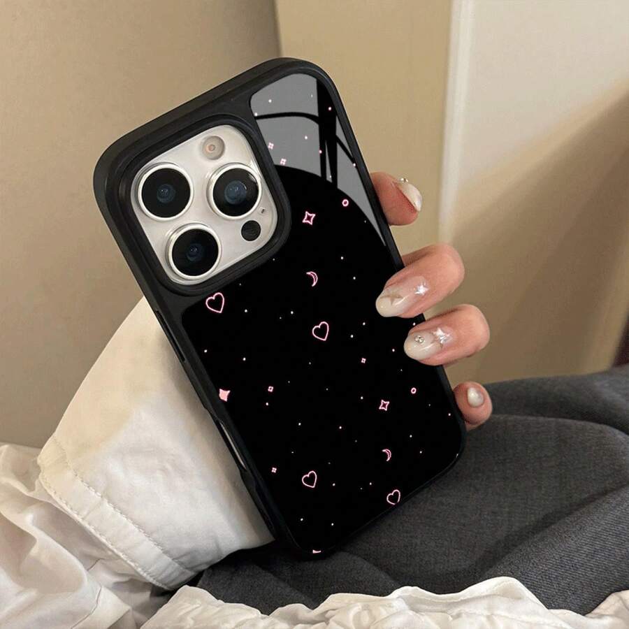 Phone - Black And Pink Heart And Design Is Suitable 17 Pro Cases, As Well As 16 Pro/15/14/13 Pro/12/11. It Features A Minimalist And Style, Made Of High-Quality With Straight-Glass Drop Protectio Festive Surprise Durable Shockproof Phone - 1pc - 查看 1