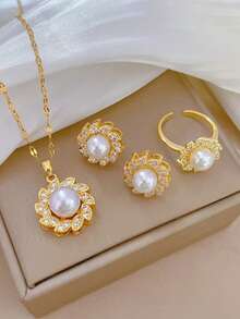 3pcs Pearl Sunflower Jewelry Set - Necklace, Ring, Earrings, Luxury Minimalist Shiny Zinc Alloy Accessories Set - Necklace - View 6