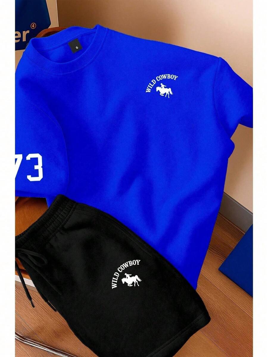 Men's T-Shirt And Shorts Set - New Summer Collection - Modern - Premium Cotton - 寶藍色 - 查看 1