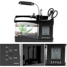 Acuario Recargable por USB con Luz LED, Pantalla LCD para Hora, Fecha, Temperatura, Soporte para Bolígrafo, Decoración para Sala de Estar, Dormitorio, Oficina (Negro) - Negro - Ver 7
