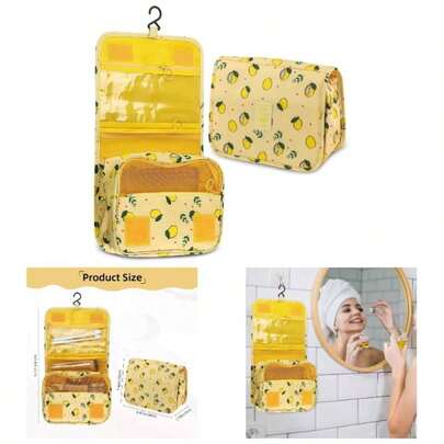 Foldable Hanging Travel Toiletry Bag, Waterproof Portable Travel Bags, Multifunction Travel Cosmetic Bag Organizer With Hanging Hook Yellow Lemon