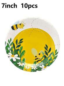 10pcs Bee Themed Party Plates, Tissue Cups, Tablecloths, Bee Honey Gathering Party Utensils, Suitable For Festivals, Celebrations, Birthdays, Parties, Tea Parties, And Weddings. Bee Festival - Multicolor - View 7