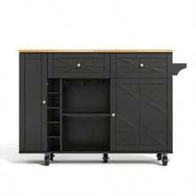 Kitchen Island With Fold-Down Worktop, Equipped With 5 Lockable Casters, Door Shelf, Wine Rack And Glass Holder, White, 120 X 45(70) X 89 Cm - 黑色 - 查看 8
