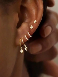 6pcs Women's Gold Square Cubic Zirconia Geometric Design Earring Set, Hypoallergenic, Petite Hoop, Lightweight, Stackable For Multiple Piercings, Fashion Versatile, Suitable For Dates, Parties, Weddings, Birthdays, Holidays - Gold - View 8