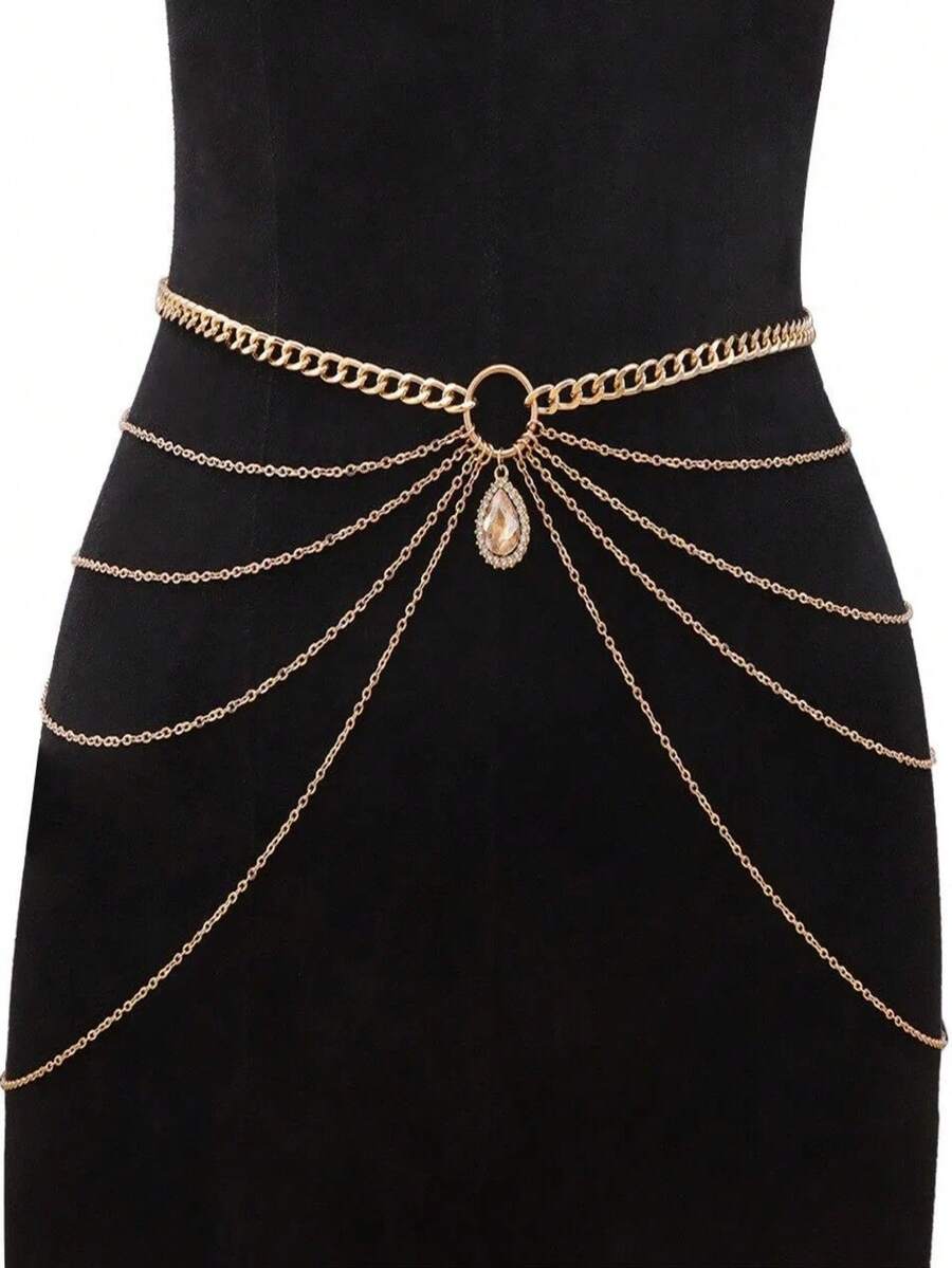 1条女士性感奢华Y2K多层金属腰链，可调节，多尺寸设计，高端百搭。完美适用于日常通勤、派对、聚会或作为节日礼物。 - 金色 - 查看 1