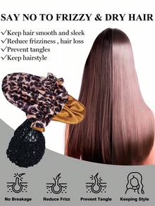 2-en-1 Filet à cheveux multifonctionnel, comprenant un bonnet de nuit, un bonnet filet à cheveux, un bonnet de nuit à bordure de satin et un bandeau de cheveux au crochet. Essentiel de voyage, pratique pour créer différents styles de coiffure, idéal pour les soins capillaires quotidiens, confortable et facile à utiliser - Imprimé léopard coloré - Voir 10