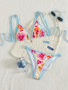 新款随机印花女士两件式比基尼套装，配有可调节肩带，适合夏季海滩度假、性感海滩派对和休闲穿着。 - 淺藍色 - 查看 2