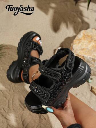 Nuevos zapatos de mujer, versátiles y de moda, con suela gruesa cómoda, sandalias casuales, con doble correa que aumenta la altura y adelgaza, con decoración de lentejuelas, ligeros y convenientes, casuales, adecuados para uso diario y para ir al trabajo