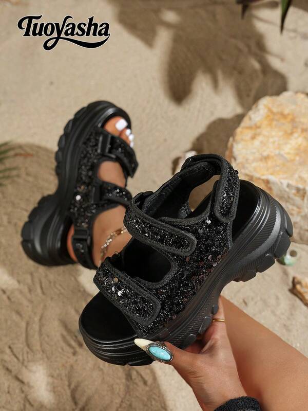 New Women's Shoes, Fashion Versatile, Comfortable Thick Sole, Casual Sandals, Double Strap Increase Height Slimming Anti-Slip, Sequin Decor, Lightweight Convenient, Casual, Suitable For Daily Wear, Commuting