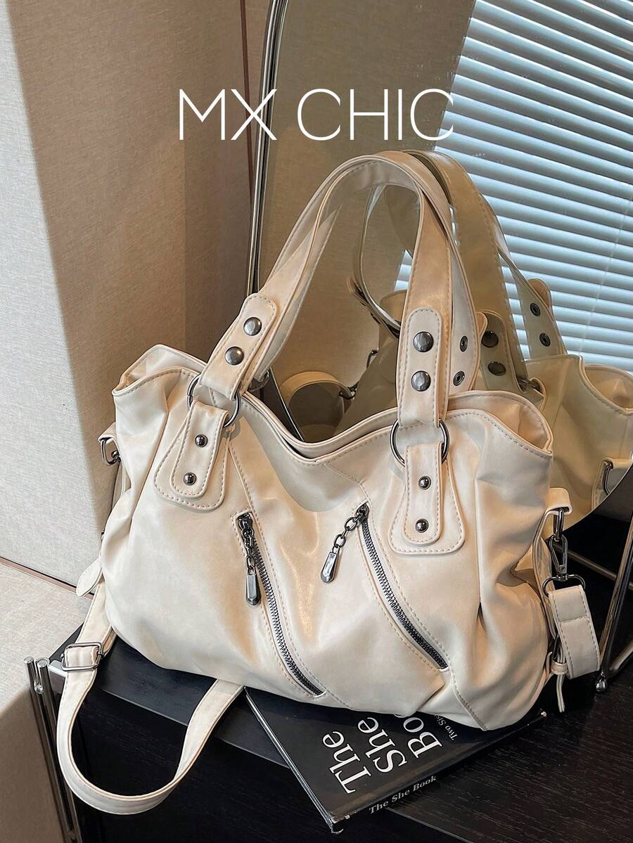 Retro Minimalist Large Capacity Fashion Student/Work Commute Tote Bag - Beige - View 1