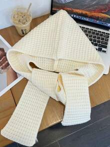 1pc Winter Hat & Scarf Set, Solid Color Design, Warm & Versatile Knitted Hooded Poncho - Multicolor - View 12