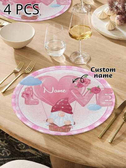4 PCS Personalized Valentine's Day Gnome Table Mat, Custom Name Pink Heart Hot Air Balloon Round Placemat, Non-Slip Heat Resistant Dining Table Decor For Romantic Dinner, Table Cover Protector For Outdoor Picnic Party Dining