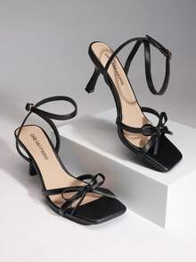 Women Stiletto Heeled Sandals With Bowknot Decor, Fashion Kitten Heels Square Open Toe Ankle Strap Heeled Sandals For Wedding Party Evening - màu đen - Xem 4