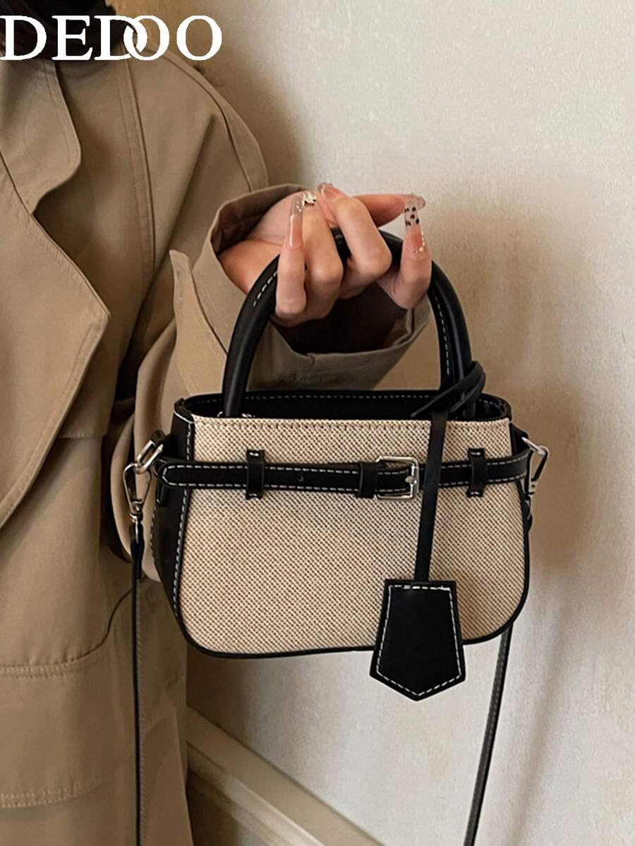 Dedoo Casual Contrast Color Textured Versatile Commuter Retro Handbag, Metal Clasp Closure, For Women