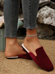 Women's Fashion Square Toe Suede Slip-On Mules, Backless Flat Slouchy Slippers For Spring/Summer - Burgundy - View 5
