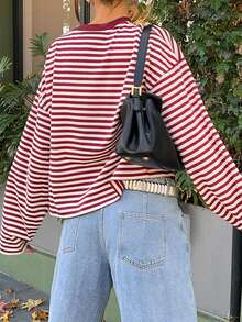 Plus Size Women's Red And White Striped Knit Fabric Regular Sleeve Crew Neck Long Sleeve Top Casual Spring - Red - View 10