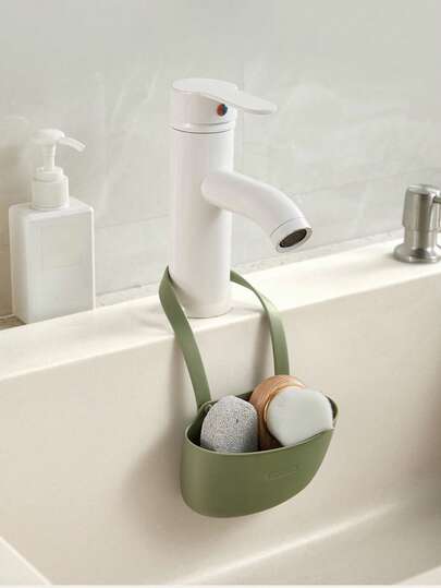 1pc Kitchen Hanging Drain Basket, Green Single-Layer Draining Rack, Portable No-Drill Sink Sponge Holder Faucet Hanging Basket, Kitchen & Bathroom Storage Bag For Sponge And Cloth, Kitchen Accessories, Kitchen Storage, Bathroom Decor.