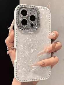 Luxury Laser Rhinestone Textured Phone Case, Compatible With IPhone 17 Pro Max/16 Pro Max/15/14/13, Stylish, Shock-Proof Protection, Hard Frame - White Shell Pattern - View 1