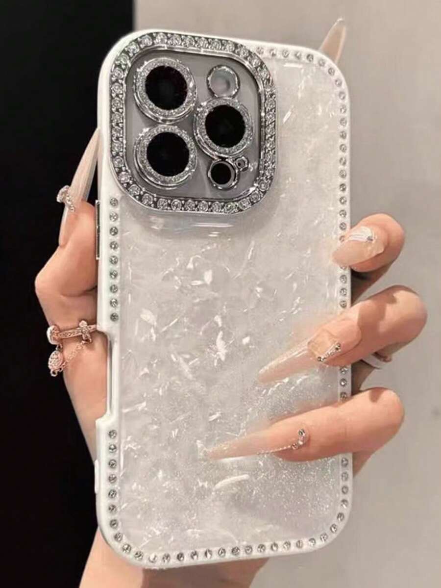 Luxury Laser Rhinestone Textured Phone Case, Compatible With IPhone 17 Pro Max/16 Pro Max/15/14/13, Stylish, Shock-Proof Protection, Hard Frame - White Shell Pattern - View 1