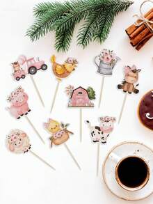 27个农场动物纸杯蛋糕装饰插牌，粉色农场动物纸杯蛋糕装饰，农场动物生日纸杯蛋糕装饰插牌，适合动物主题婴儿派对、农场主题生日派对用品 - 多色 - 查看 8