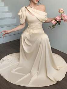 abyoxi Đầm xòe ôm eo xếp ly màu mơ dành cho nữ, thanh lịch và thời trang, phù hợp cho tiệc tùng, hẹn hò, kỳ nghỉ, đám cưới, các dịp trang trọng, tiệc chiêu đãi, Ngày Nhà giáo, Ngày của Mẹ, lễ tốt nghiệp, đầm dài co giãn ôm sát cho mùa xuân và mùa hè. - Màu be - Xem 4