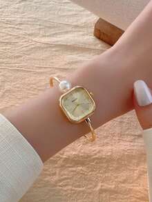 1件女士优雅椭圆形设计绿色表盘银色和金色时尚休闲手表手链款式 - 金色 - 查看 5