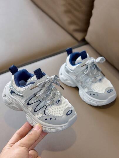 1 Pair Girls' Fashion Sneakers/Thick-Sole Sports Shoes, Kids Hook And Loop Lace-Up Mesh Breathable Outdoor Casual Shoes, Girls' Soft Bottom Non-Slip Campus Running Shoes, Suitable For Walking/Running, Kids Tennis Shoes