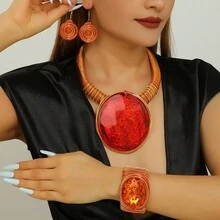 1 Set Handmade Exaggerated Multi-Layer Aluminum Wire Woven Resin Chain Bohemian European Middle Eastern Style Necklace, Earrings, Bracelet Set For Women, Suitable For Evening Party, Vacation - Orange - View 3