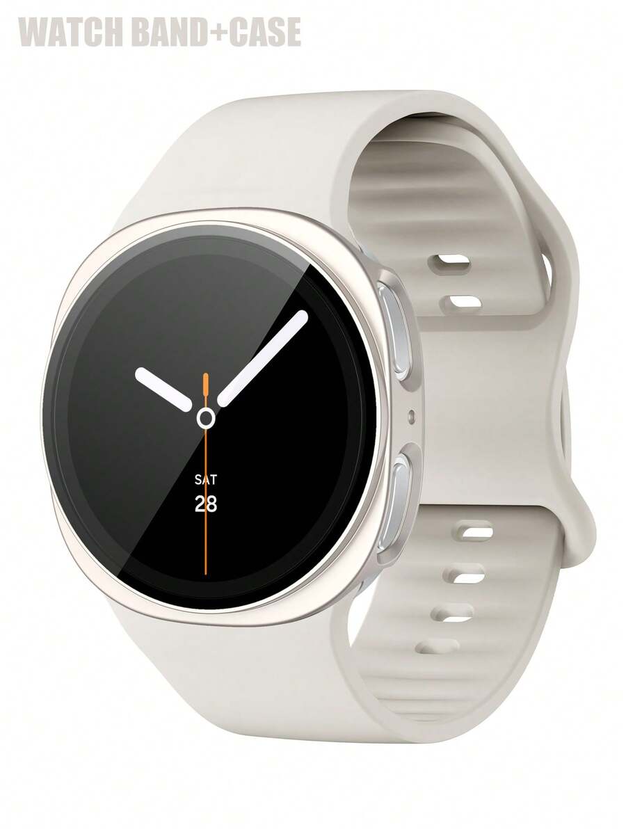 手錶錶帶 + 手錶錶殼套組,相容於 Galaxy Watch 8 40mm 與 44mm。柔軟舒適的錶帶搭配鉚釘扣錶殼。矽膠錶帶與耐衝擊、防刮硬 PC 外殼,附強化玻璃螢幕保護貼。2 合 1 設計,易於佩戴,觸控靈敏,適合男女使用 - 星光色 - 查看 1