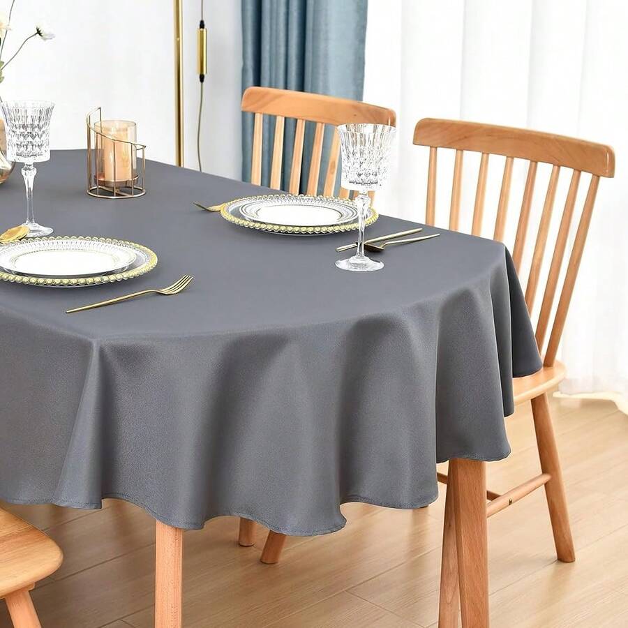 Mantel ovalado de 60x84 pulgadas de tela de poliéster, mantel de mesa sólido gris de uso pesado, lavable para comedor, hogar y fiestas - Gris 84 pulgadas x 60 pulgadas Ovalado - Ver 1