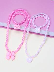 2pcs/Set Girls Cute Bow Heart Pendant Pearl Beaded Bracelet Necklace Jewelry Set, Suitable For Holiday Party, School, Birthday Gift