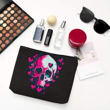 Quà tặng Ngày Valentine, Túi đựng đồ vệ sinh cá nhân nữ họa tiết đầu lâu + trái tim hồng, thích hợp cho các bữa tiệc và sự kiện, mang đến sự thanh lịch và tình yêu trong túi của bạn. Cũng có thể được sử dụng như một túi trang điểm Halloween sành điệu. Chiếc túi này có thể đựng hộ chiếu, điện thoại, mỹ phẩm và nhiều thứ khác, đảm bảo sự ngăn nắp khi đi du lịch và sử dụng hàng ngày. - màu đen - Xem 10