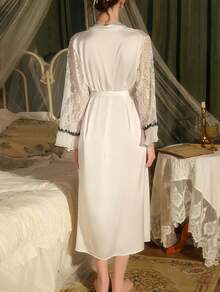 New Silky Satin Nightgown Pure Desire Lazy Lace Decoration Sexy Open Placket Long Robe Set - 白色 - 查看 3