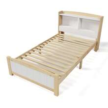 Solid Wood Single Bed With Storage Headboard, 90 X 200 Cm Bed Frame With Slatted Base, Wooden Bed With Headboard, Children's Bed, Youth Bed, Solid Pine, Natural And White (With Mattress) - White - View 7