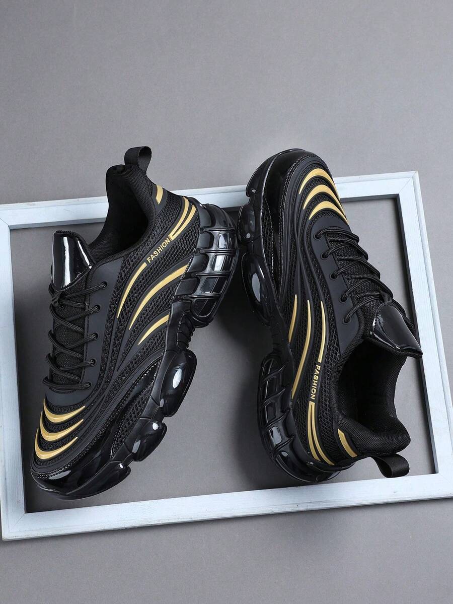 时尚休闲男鞋，经典时尚男士运动鞋系带跑步鞋，个性化男士运动鞋街头休闲鞋 - 黑色 - 查看 1