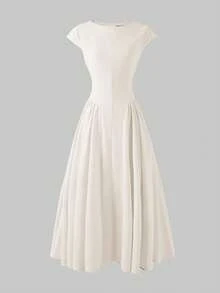 优雅简约时尚休闲复古喇叭短袖纯色褶皱拉链长连衣裙，适合晚宴、度假、上学、办公、海滩、夏季等场合。 - 杏色 - 查看 7