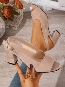 9cm Thick Heel Women's Classic Peep Toe Sandals With Ankle Strap, Faux Suede Material, High Quality
