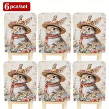 1pc/4pcs/6pcs/10pcs Easter Series Plush Chair Cover With Printed Image Of A Brown And White Rabbit Wearing A Floral Woven Hat And Patterned Scarf, Surrounded By Daisy, Rose And Other Flowers - Multicolor - View 12