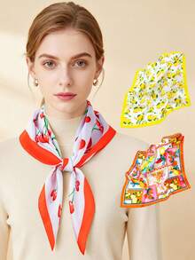 1pc Women's Cherry Lemon Theme Silk Scarf, Contrast Color Satin Small Square Scarf, Fresh Neck Decor Neckerchief For Spring/Summer - Multicolor - View 7