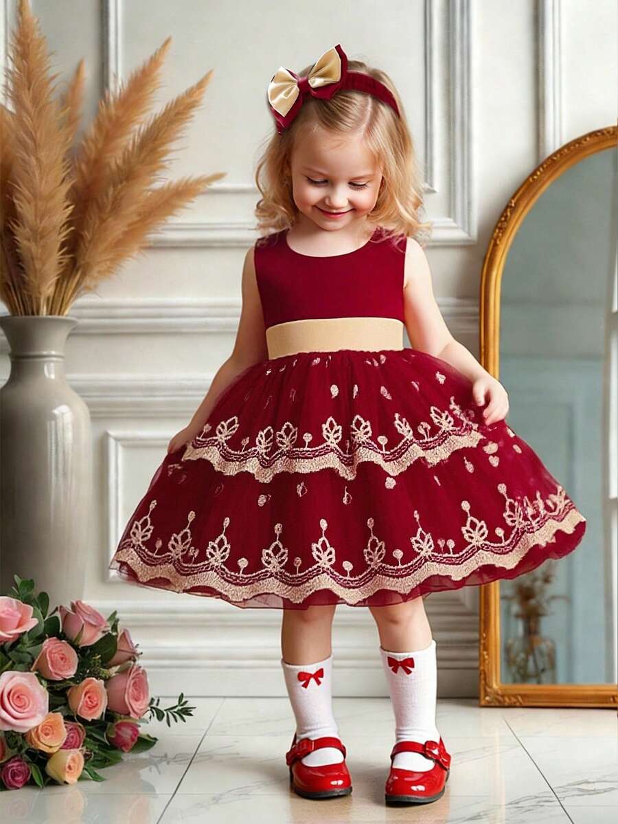 Girls' Satin Bow Back Puff Skirt Dress, Cute & Elegant Dress Suitable For School, Comes With Headband - Burgundy - View 1