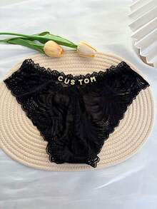 1pc Customized Women's Panties, Personalized Crystal Letter Name Underwear, Sexy Lace Breathable Bikini Briefs, Front Waist Bowknot Sexy Low Waist V-Shape Panties, DIY Shiny Crystal Letter Name, Date Number Anniversary Panties, Customized Wedding Gift, Bridal Underwear, Anniversary Gift, Valentine's Day Gift, Birthday Gift, Wedding Gift, Gift For Her/Girlfriend/Wife