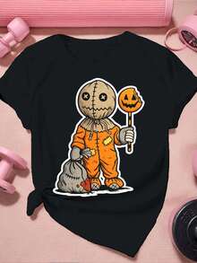 Damen-T-Shirt mit Halloween-Kürbisprint, Herbst, Hochwertiger Stoff, Lockere Passform, Lässig, Atmungsaktiv, Neu eingetroffen - Schwarz - Übersicht 2
