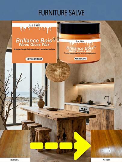 JUE FISH 1瓶/80克 木材护理抛光蜂蜡，家具翻新、增亮、除油、抛光、滋养木材表面、保护木材免受损伤、保持木材外观、增强光泽。易于涂抹，不留残渣，为您的木质表面提供完美的抛光效果。