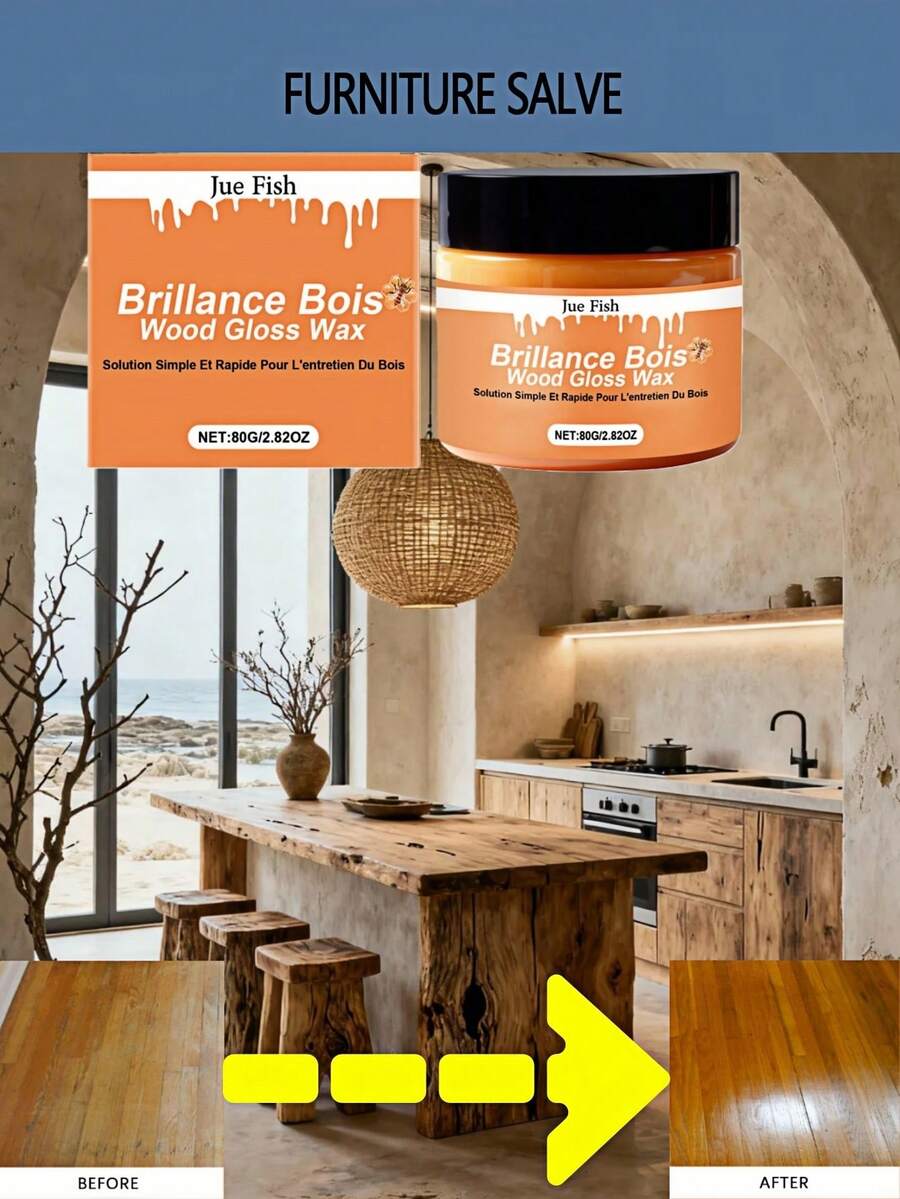 JUE FISH 1瓶/80克 木材护理抛光蜂蜡，家具翻新、增亮、除油、抛光、滋养木材表面、保护木材免受损伤、保持木材外观、增强光泽。易于涂抹，不留残渣，为您的木质表面提供完美的抛光效果。