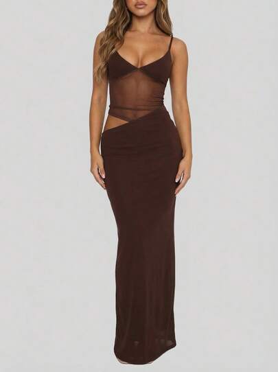 Sedessea 女士性感夏季网纱拼接不对称镂空吊带纯色连衣裙 - 毕业礼服