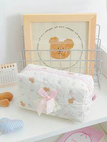 Carino borsa cosmetici imbottita in schiuma con motivo a griglia e a strisce, borse per il trucco con decorazioni in pizzo e fiocco, borsa per cosmetici con motivo a cartoni animati, borsa per cosmetici di grande capacità con cerniera, borsa per cosmetici a forma di cuore, borsa da toilette portatile, borsa da toilette a quadri - Multicolore - Visualizzare 6