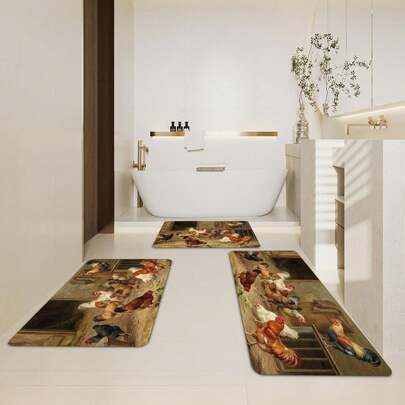3pcs Set Bathroom Floor Mat Combination With Chicken Food Pattern Carpet, Wear Resistant And Easy To Clean, Suitable For Bathroom And Bathroom, Perfect For Home Use