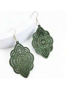 1 Pair Wooden Lace Pattern Carved Pendant Earrings - Green - View 9